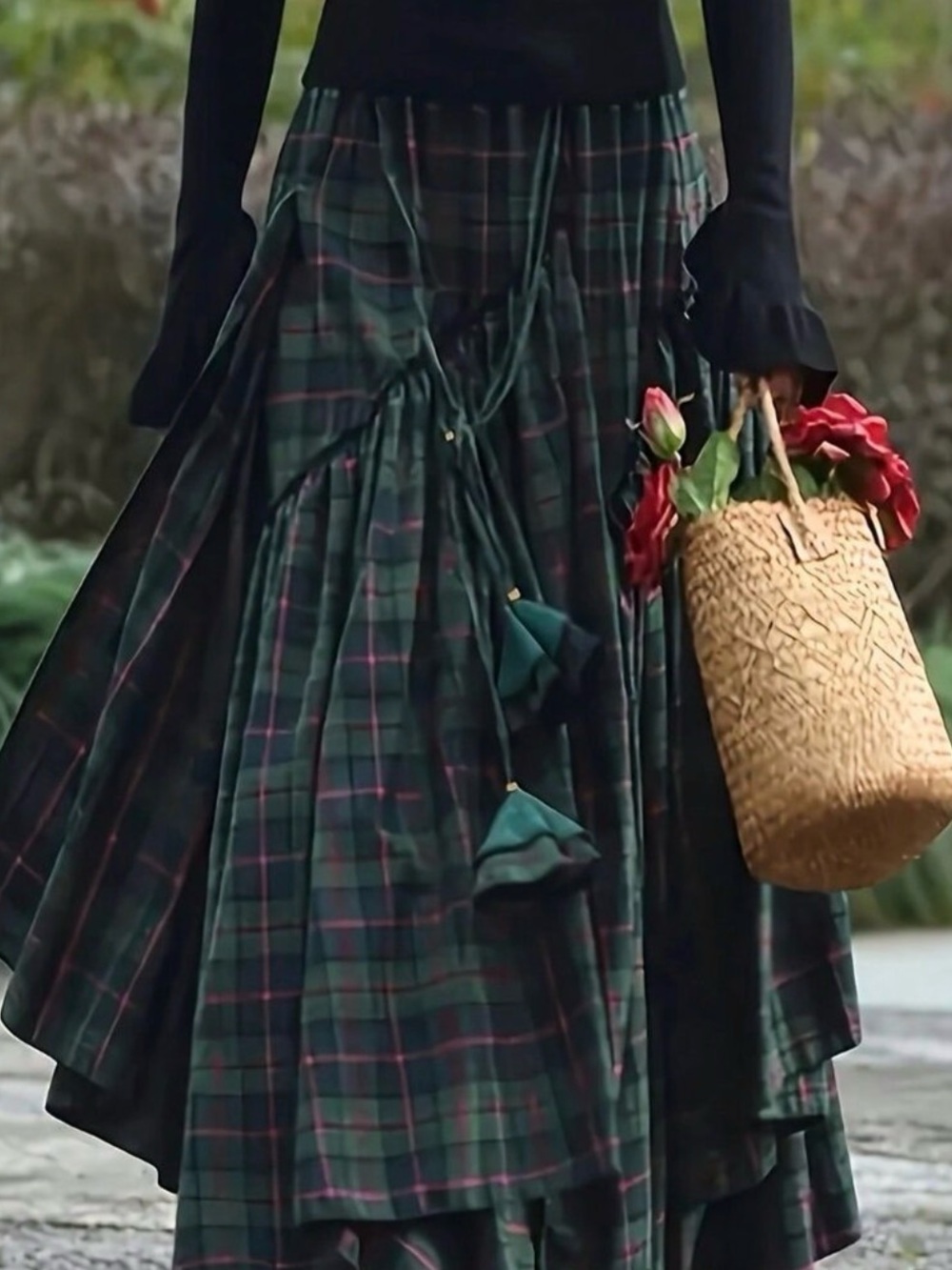 Green Casual Women's Plaid Asymmetrical Floral Belted Skirt